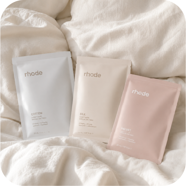 Cotton, Silk and Velvet Rhode sheet mask concepts on cream bedding