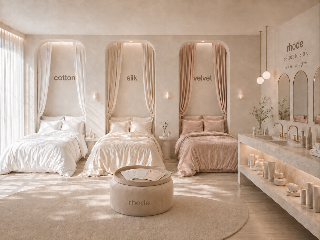 Rhode experiential pop-up with Cotton, Silk and Velvet beds and a skincare sink