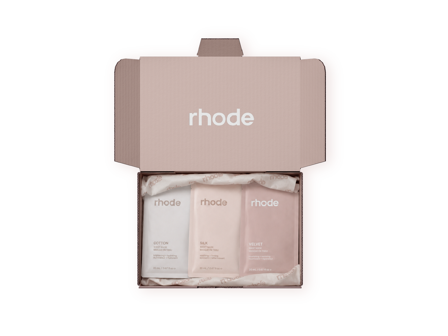 Rhode PR gifting box with the full sheet mask trio
