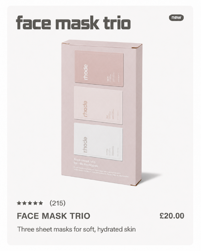 Face Mask Trio ecommerce product listing priced at twenty pounds